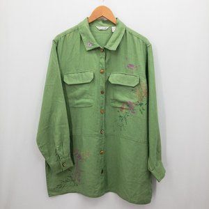 C.A. Sport Long Sleeve Top Green 100% Linen Womens Size L Floral Embroidery